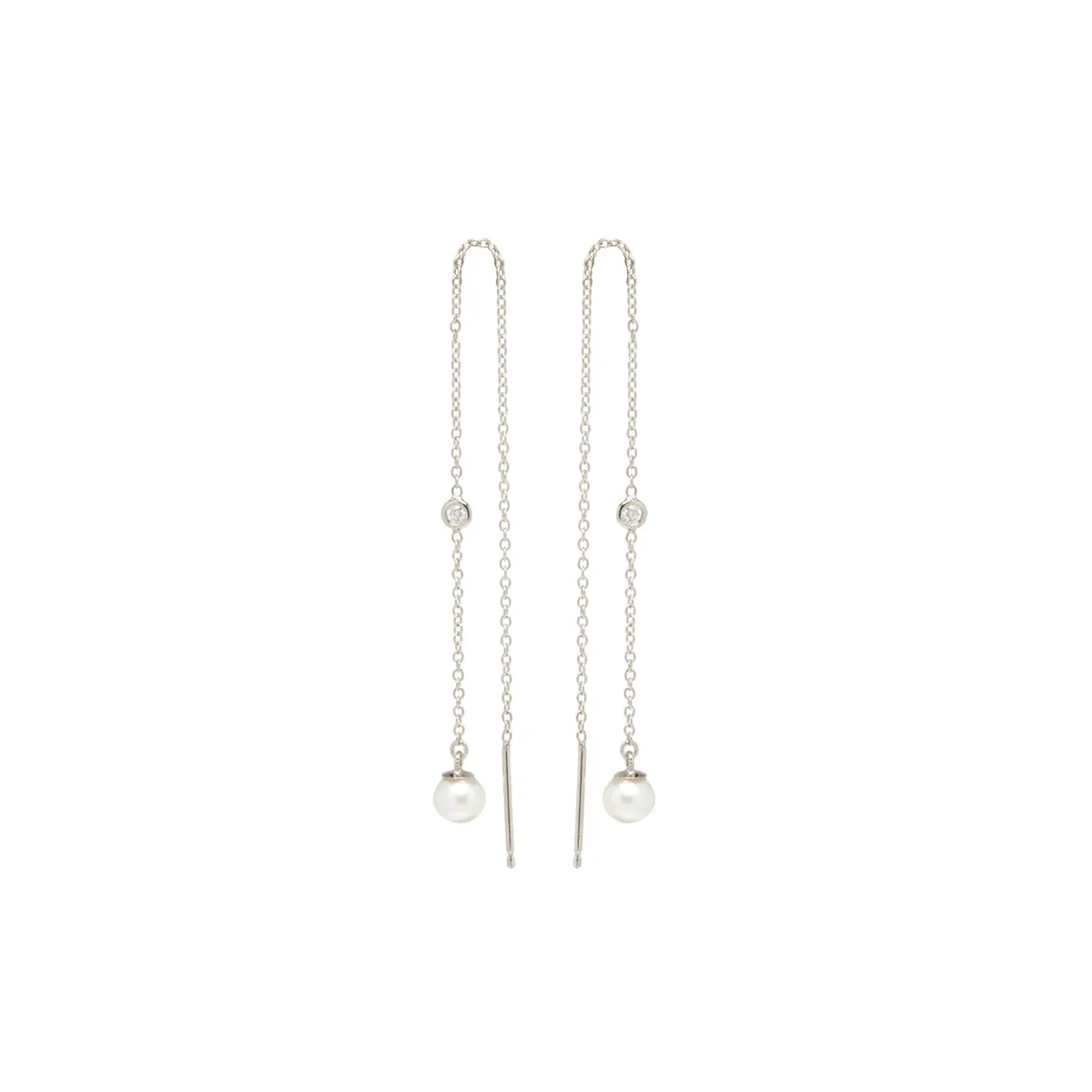 14k Floating Diamond & Pearl Chain Threader Earrings