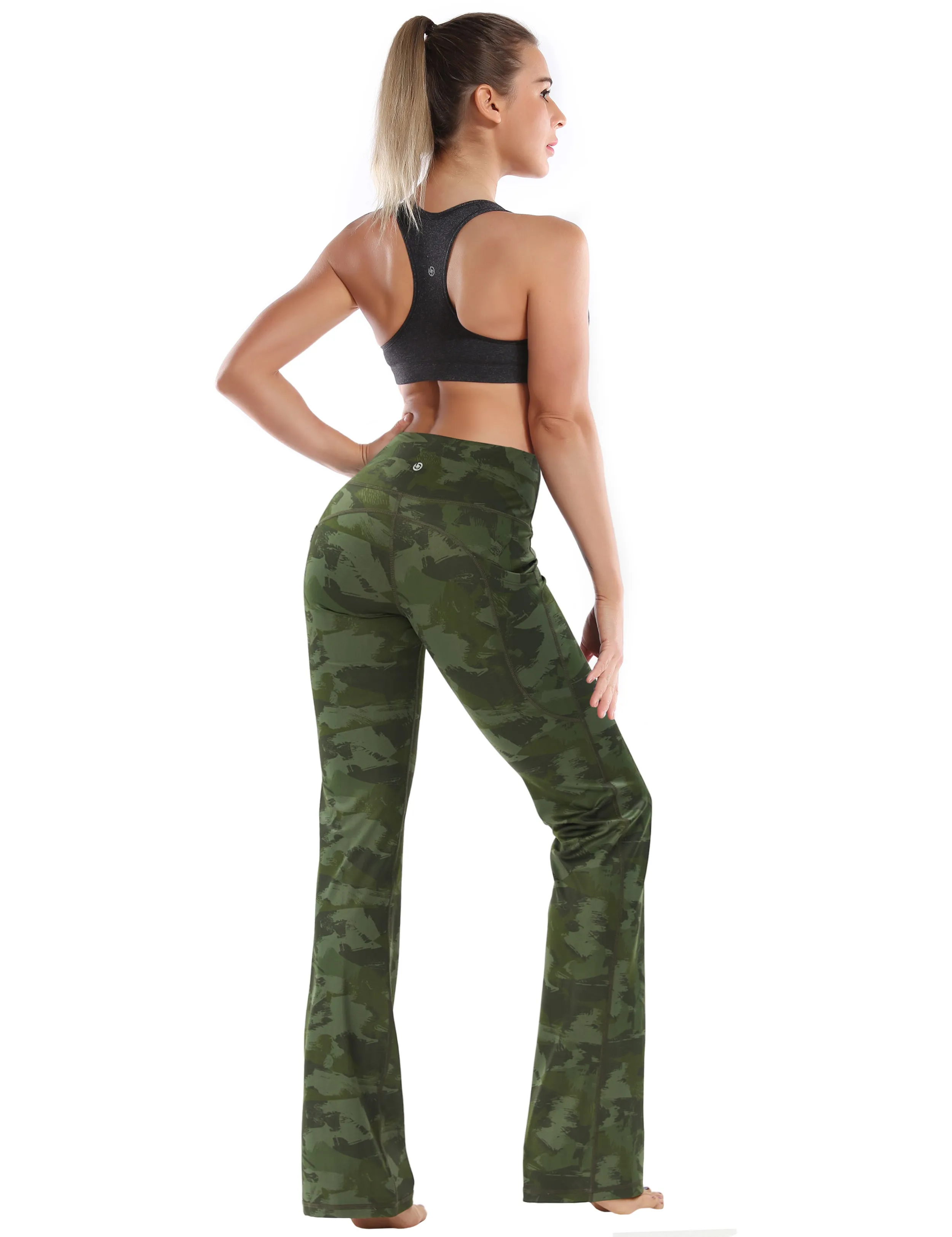 29" 31" 33" 35" 37"  Side Pockets Printed Bootcut Leggings green brushcamo