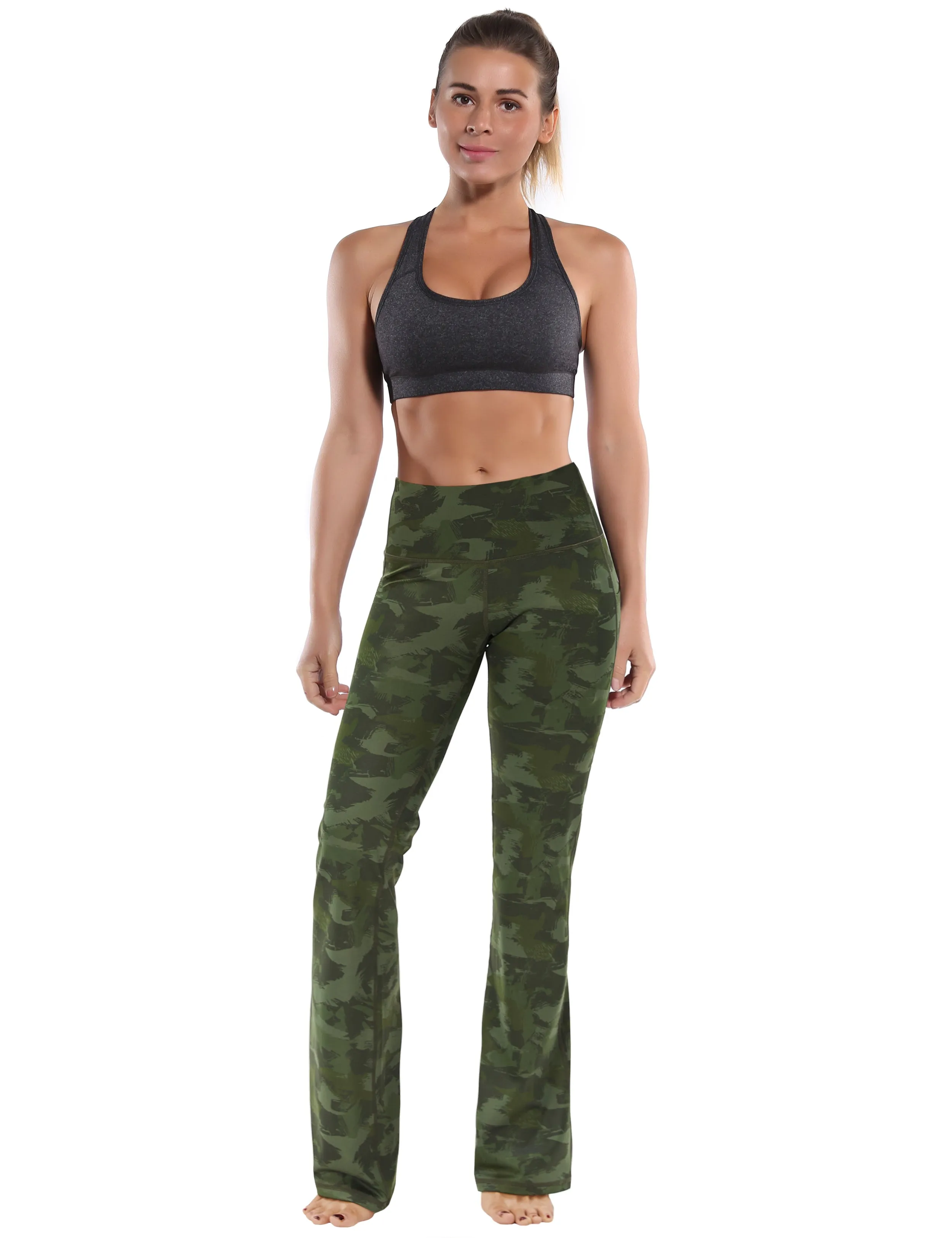 29" 31" 33" 35" 37"  Side Pockets Printed Bootcut Leggings green brushcamo