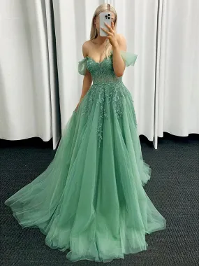 A-Line Off Shoulder Tulle Green Long Prom Dress, Green Lace Long Formal Dress