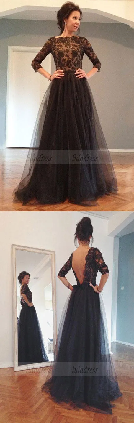 A-line/Princess 3/4 Sleeves Beading Long Lace Tulle Prom Dresses,BD99876