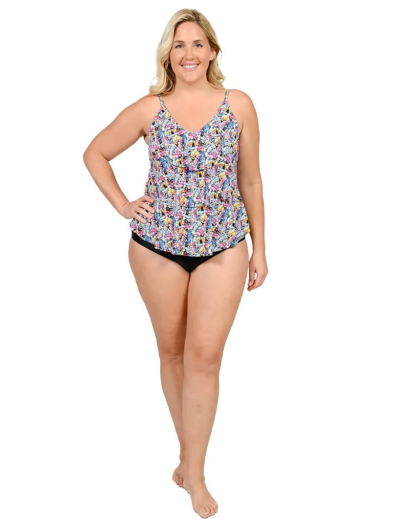 A tiered front tankini with a mid-rise bottom