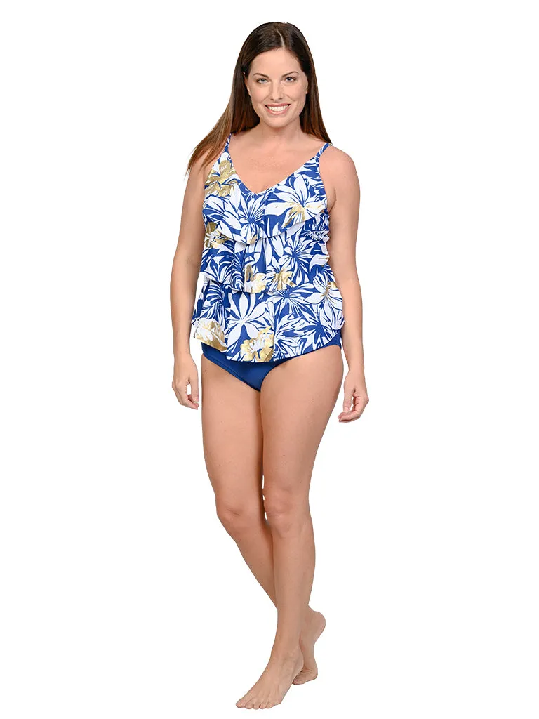 A tiered front tankini with a mid-rise bottom