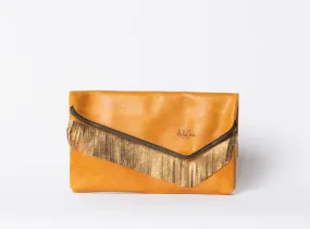 Ada Leather Zip Clutch with Fringe Piping