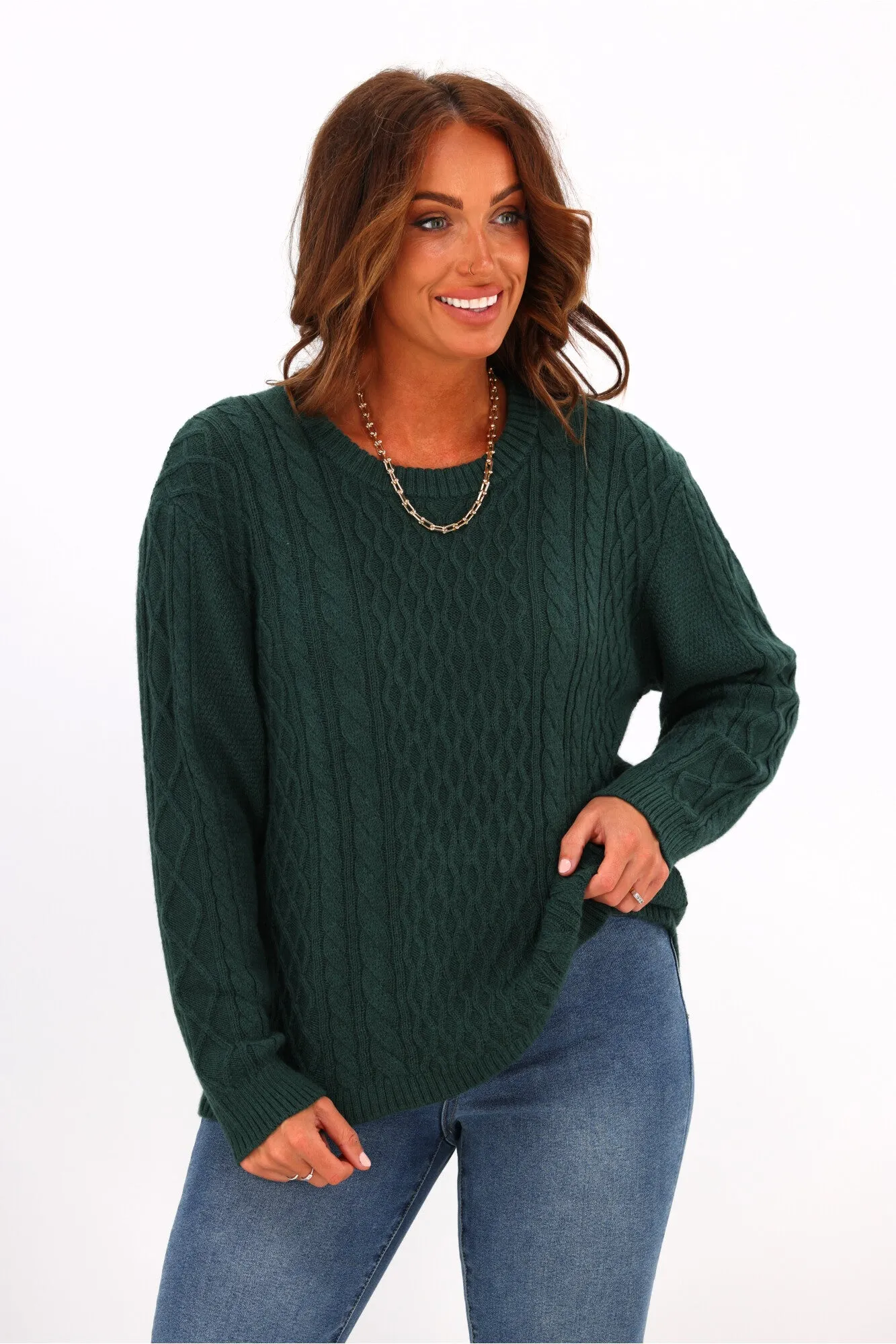 Alpine by Shine On Lucille Merino Cable Knit Jumper Olive