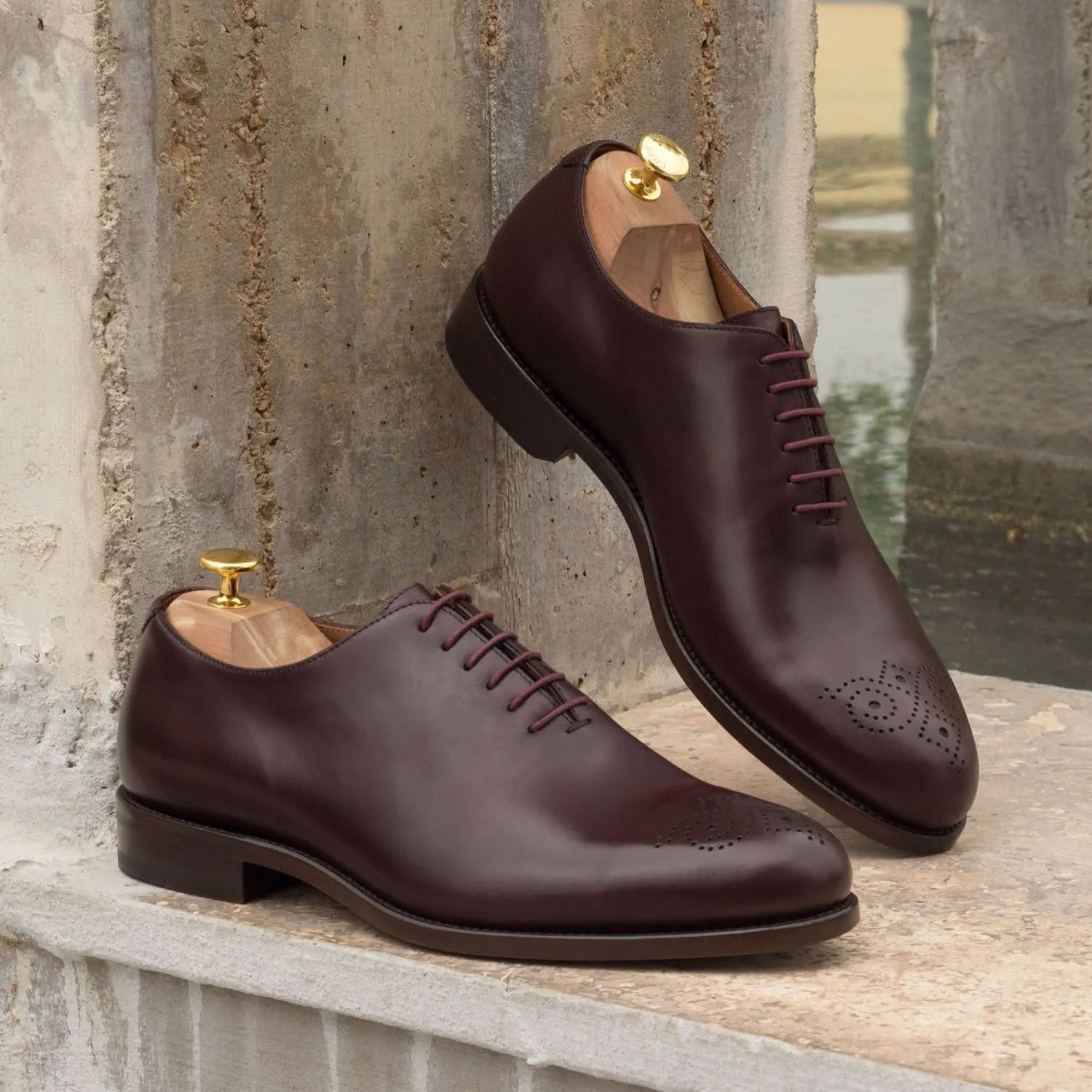 Ambrogio Bespoke Men's Handmade Custom Made Shoes Burgundy Polished Calf-SKin Leather Dress Oxfords (AMB1291)