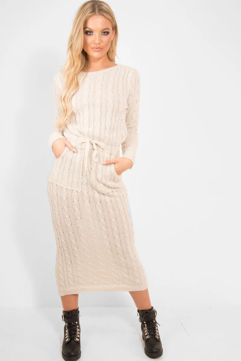 Beige Cable Knit Drawstring Waist Dress - Rhea