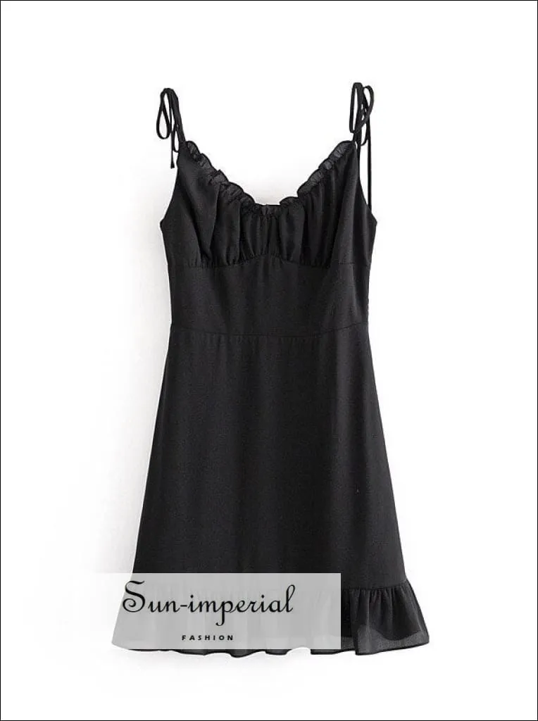 Black A-line Tie Cami Strap Mini Corset Style Dress With Ruffles Detail