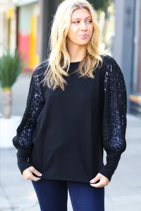 Black Hacci Floral Lace Bubble Sleeve Sweater