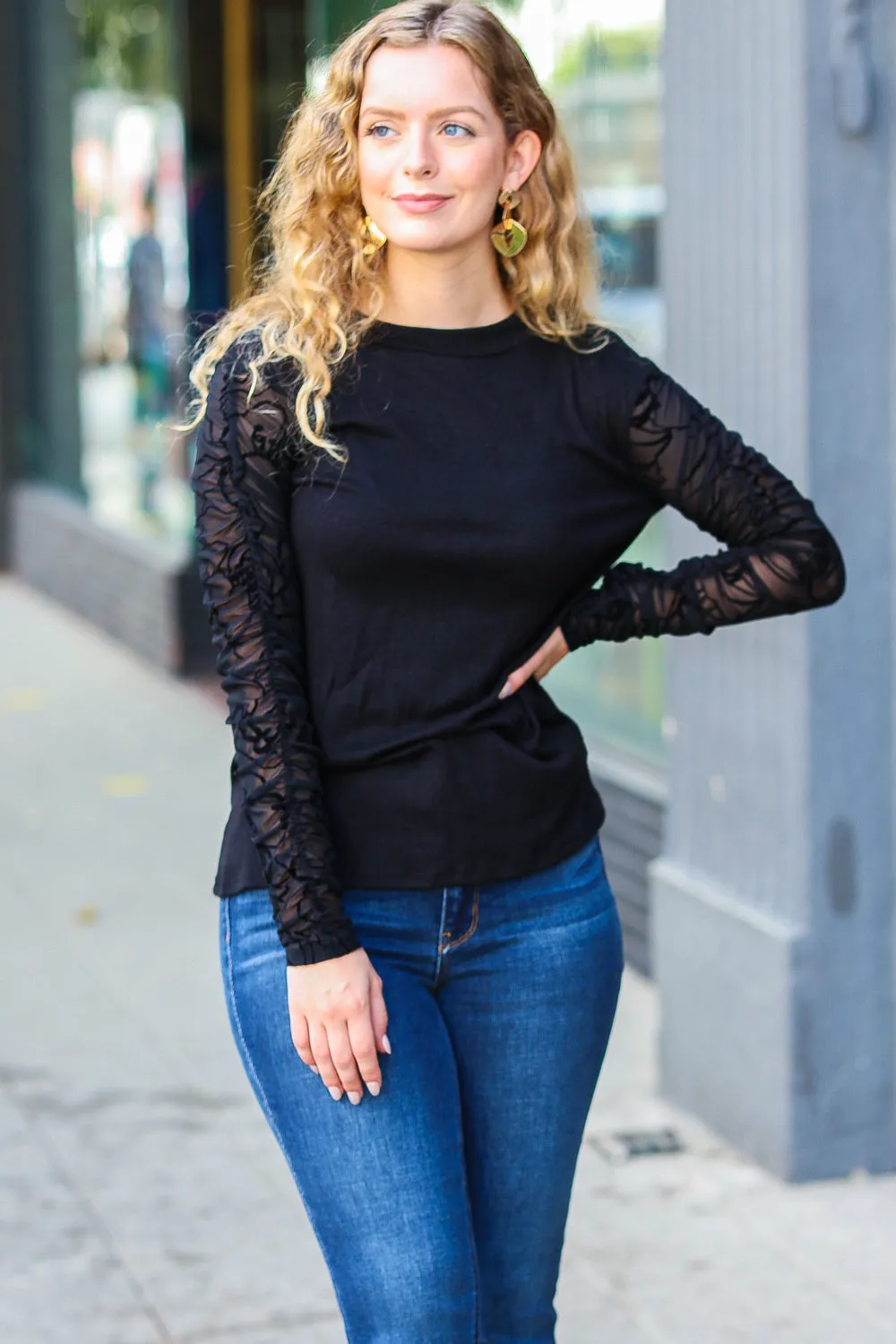 Black Shirred Velvet Mesh Long Sleeve Top