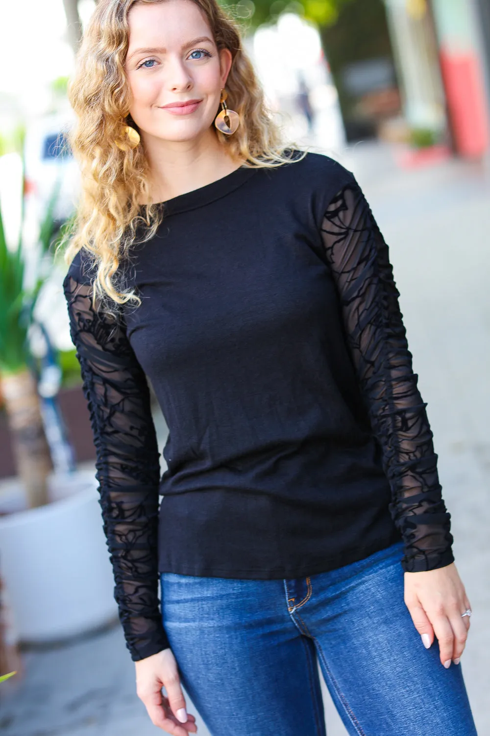 Black Shirred Velvet Mesh Long Sleeve Top