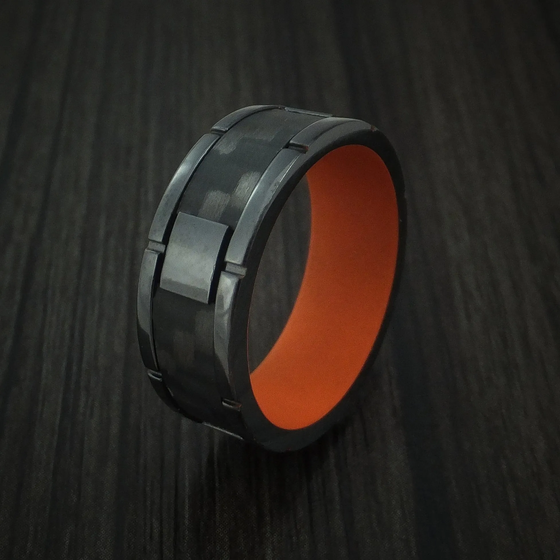 Black Titanium and Carbon Fiber Weave Pattern Men's Ring with Cerakote Interior Custom Made