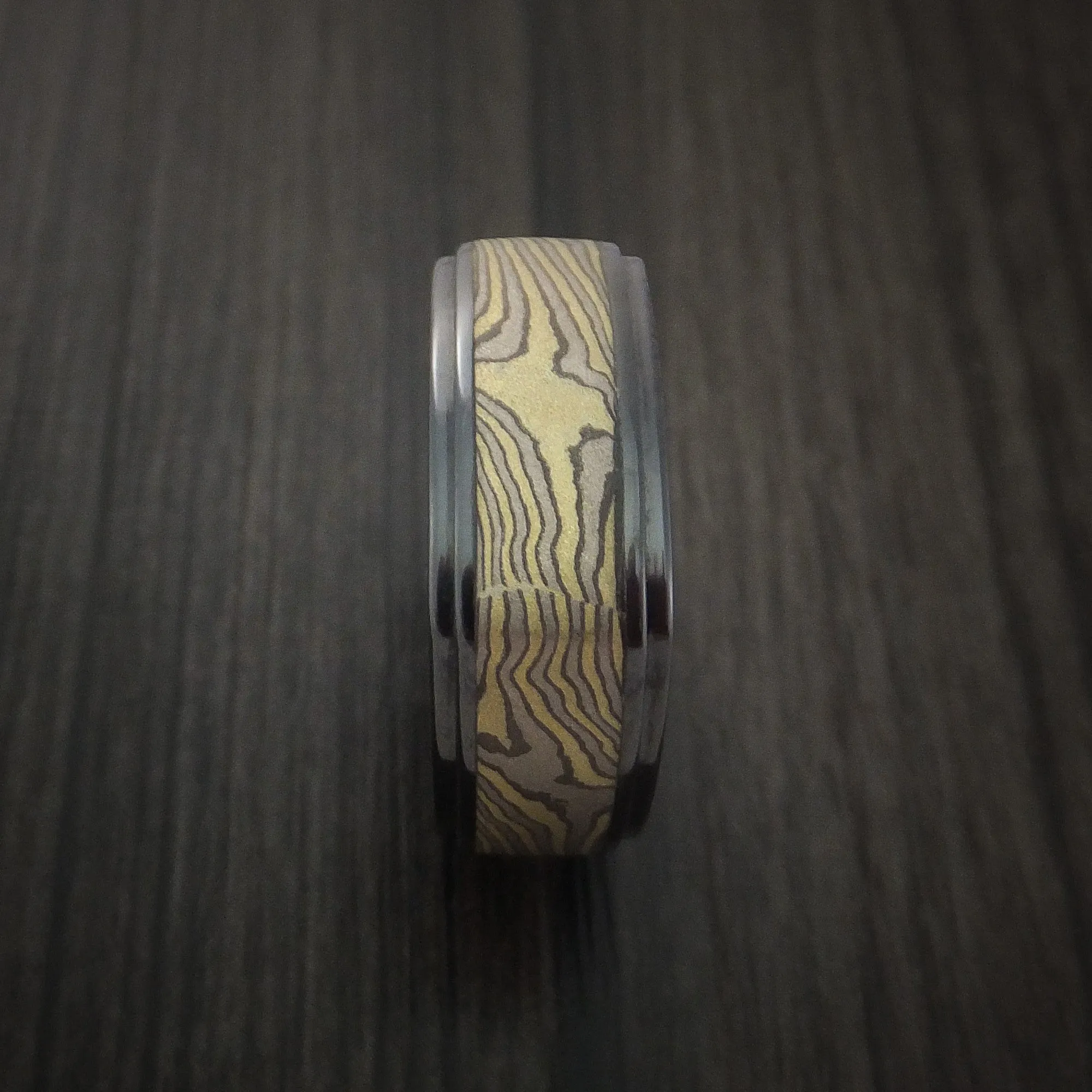 Black Titanium Square Men's Band with Yellow Gold and Silver Mokume Shakudo Custom Made