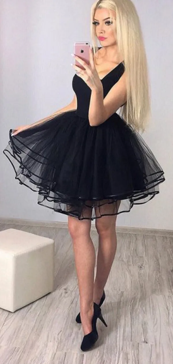 Black Tulle Square Neckline Sleeveless Tiered Homecoming Dresses,BD0192