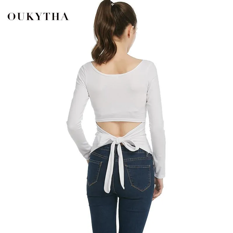 Blouses & Shirts Shirt O-Neck Women T Shirt Backless Bind Bowknot Tops Woman Long Sleeve Autumn Women Oukytha Q15351