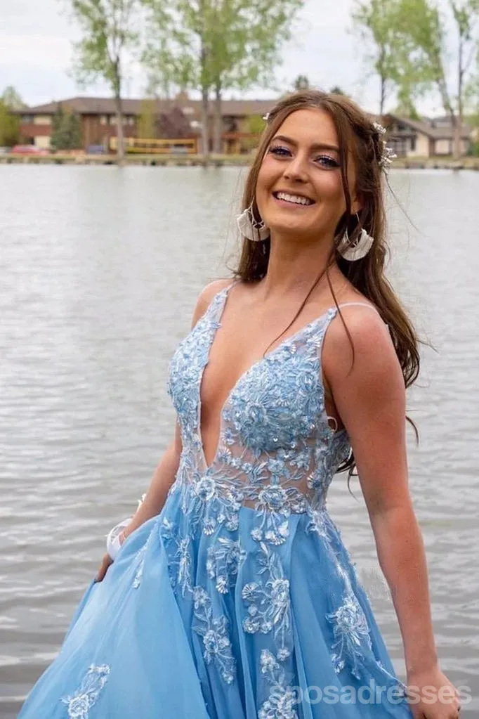 Blue A-line V-neck See Through Long Prom Dresses Online, Dance Dresses,12721