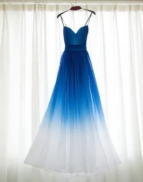 blue Gradient spaghetti straps chiffon long prom dress, PD9982