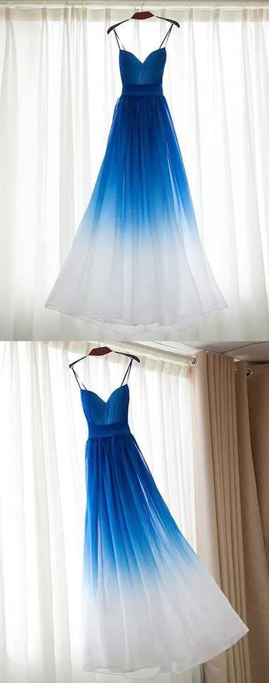 blue Gradient spaghetti straps chiffon long prom dress, PD9982