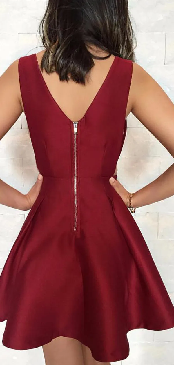 Burgundy Satin V-neck V-back Fashion For Teens Homecoming Dresses,BD0195