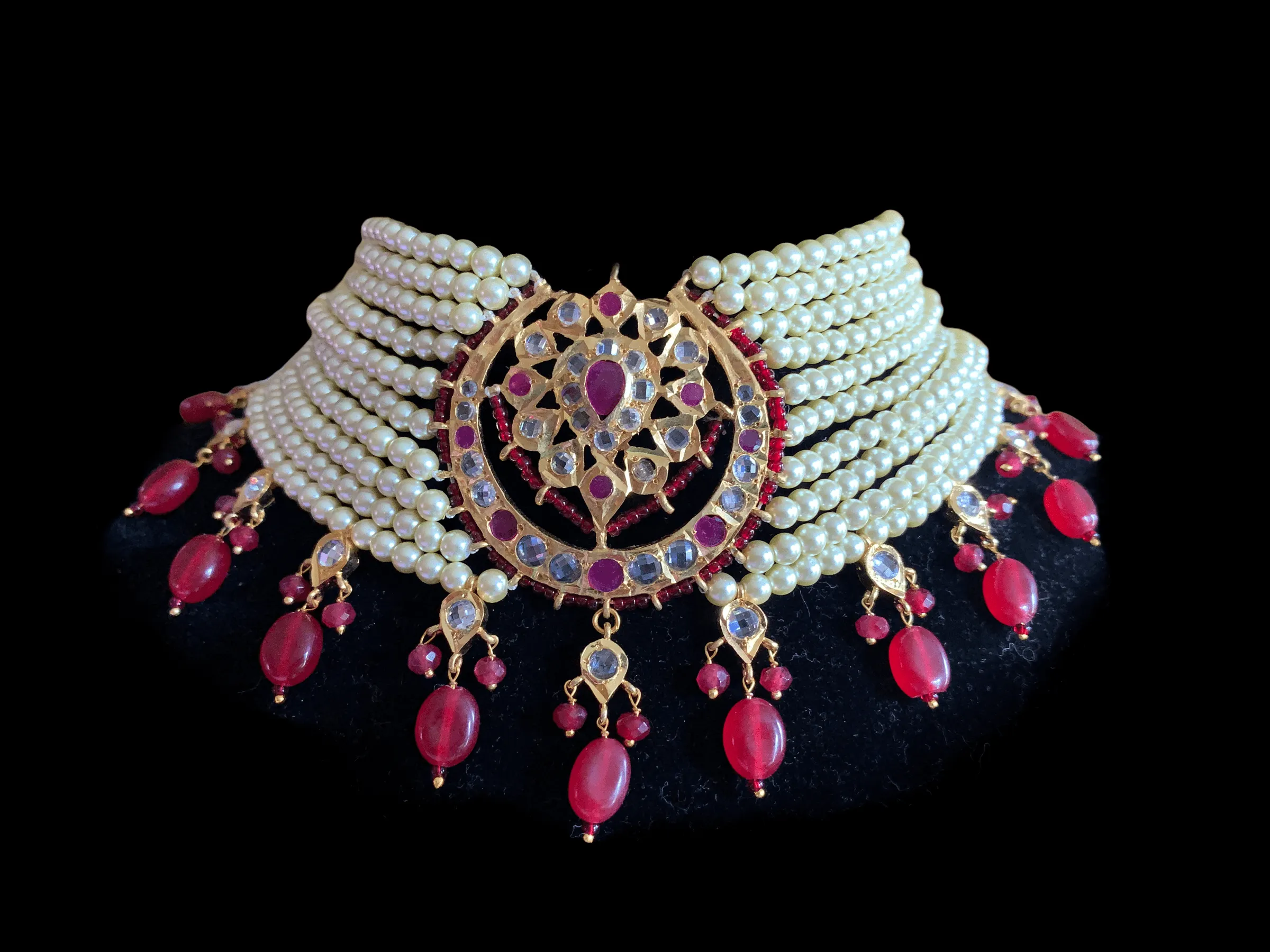 C115 Noor choker set in ruby  with golden pearls ( READY TO SHIP)