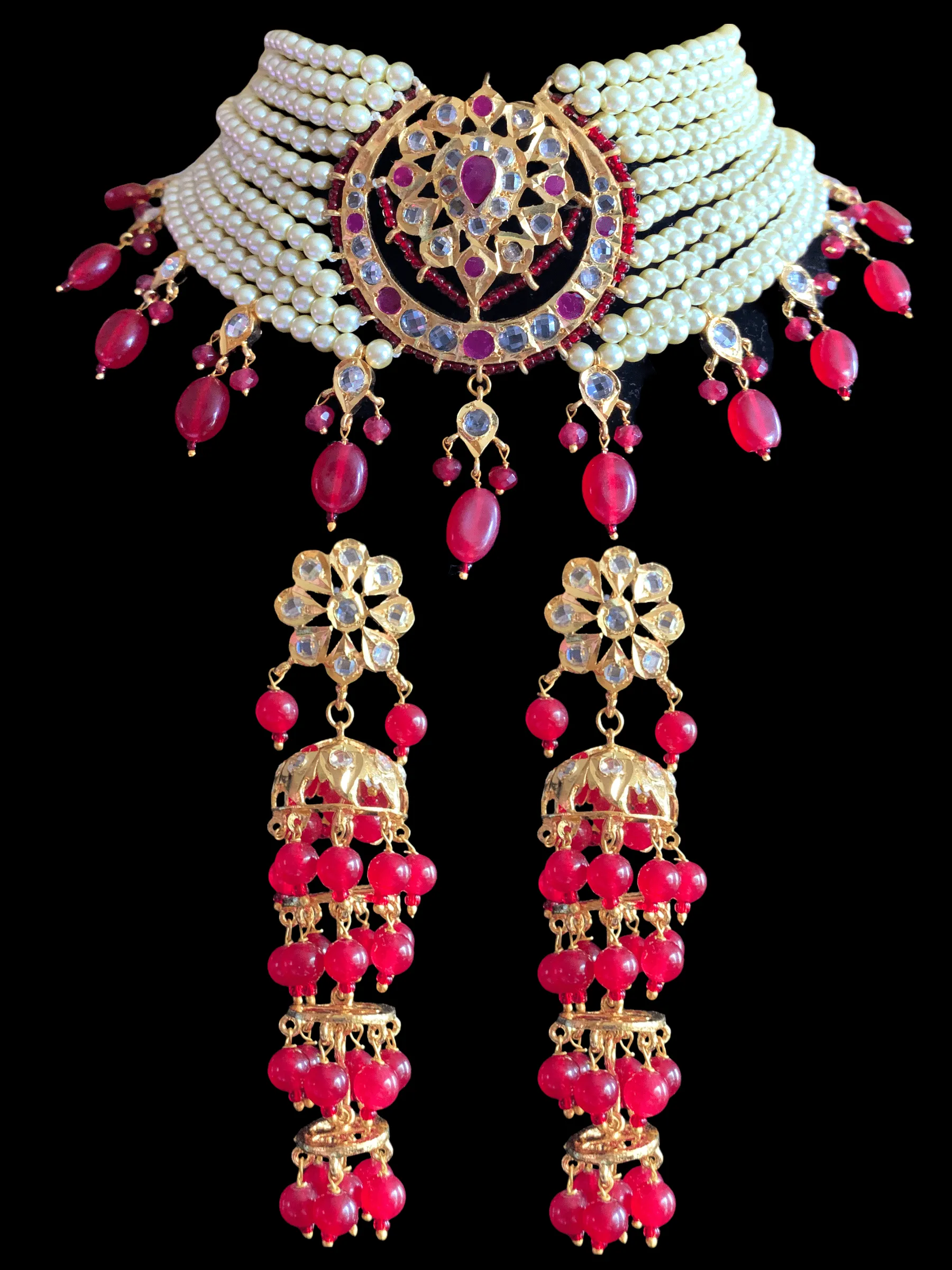 C115 Noor choker set in ruby  with golden pearls ( READY TO SHIP)