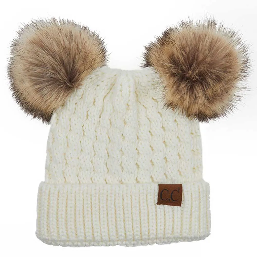 C.C Double Pom Pom All Over Cable Knit Beanie Hat