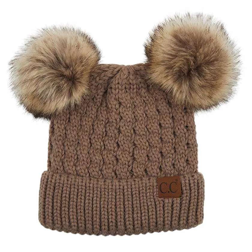 C.C Double Pom Pom All Over Cable Knit Beanie Hat