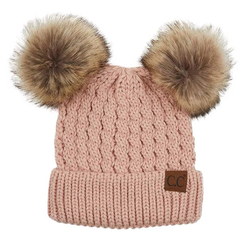 C.C Double Pom Pom All Over Cable Knit Beanie Hat