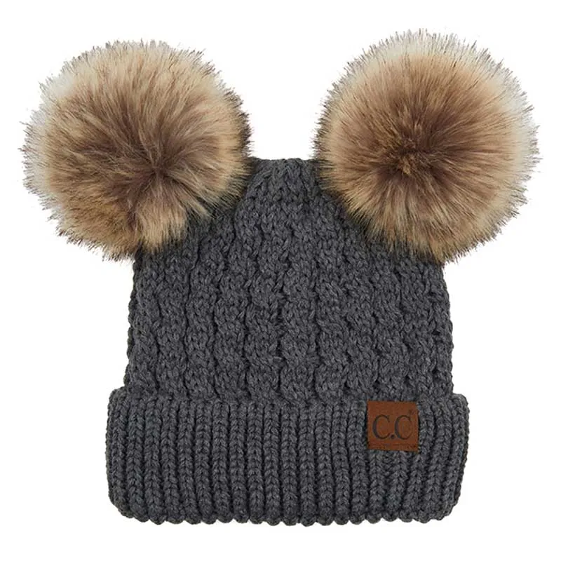 C.C Double Pom Pom All Over Cable Knit Beanie Hat