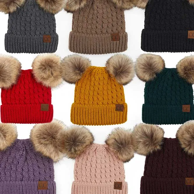 C.C Double Pom Pom All Over Cable Knit Beanie Hat