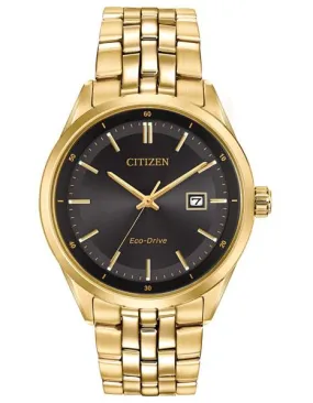 Citizen Eco-Drive Mens Watch - Gold-Tone - Date - 100m - Black Dial - Bracelet