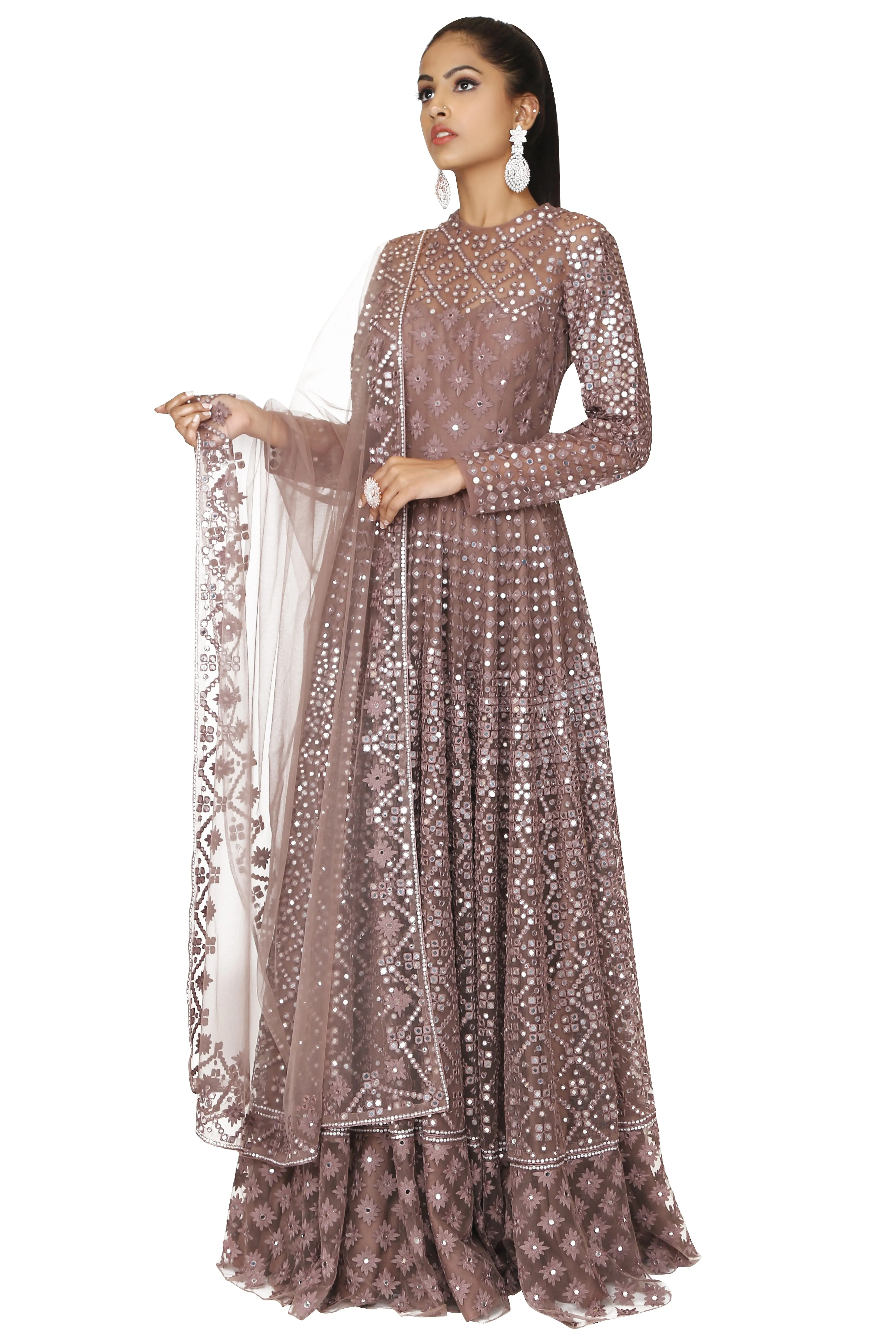 Coffee brown gown with dupatta.