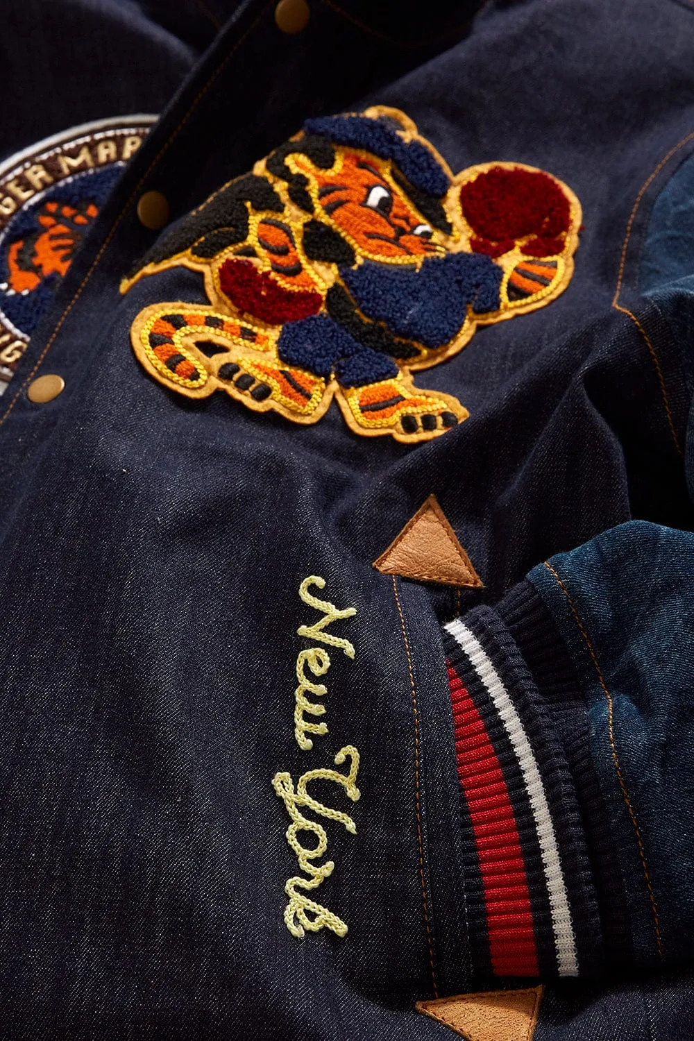 Crouching Tiger Denim Varsity Jacket (Dark Blue)