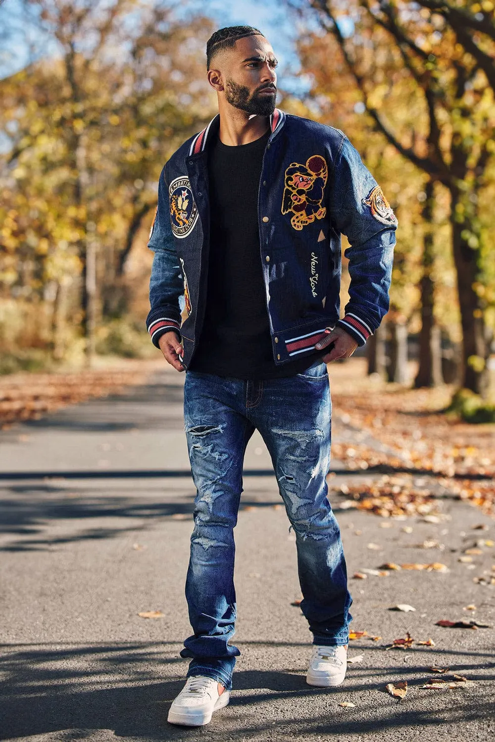 Crouching Tiger Denim Varsity Jacket (Dark Blue)