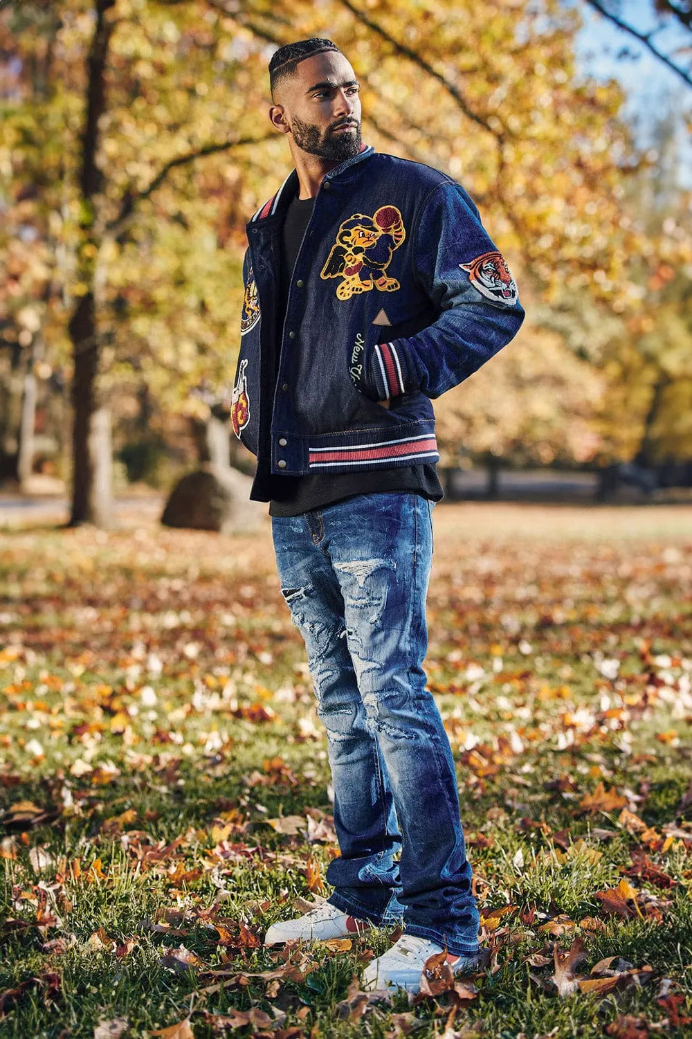 Crouching Tiger Denim Varsity Jacket (Dark Blue)