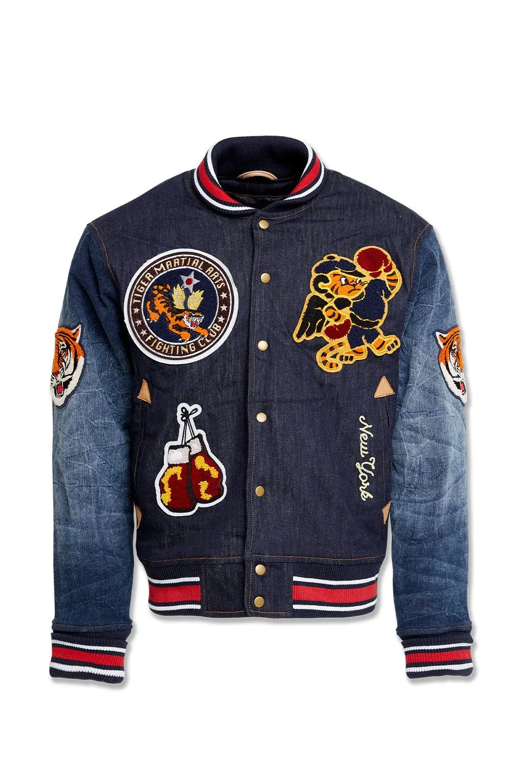 Crouching Tiger Denim Varsity Jacket (Dark Blue)