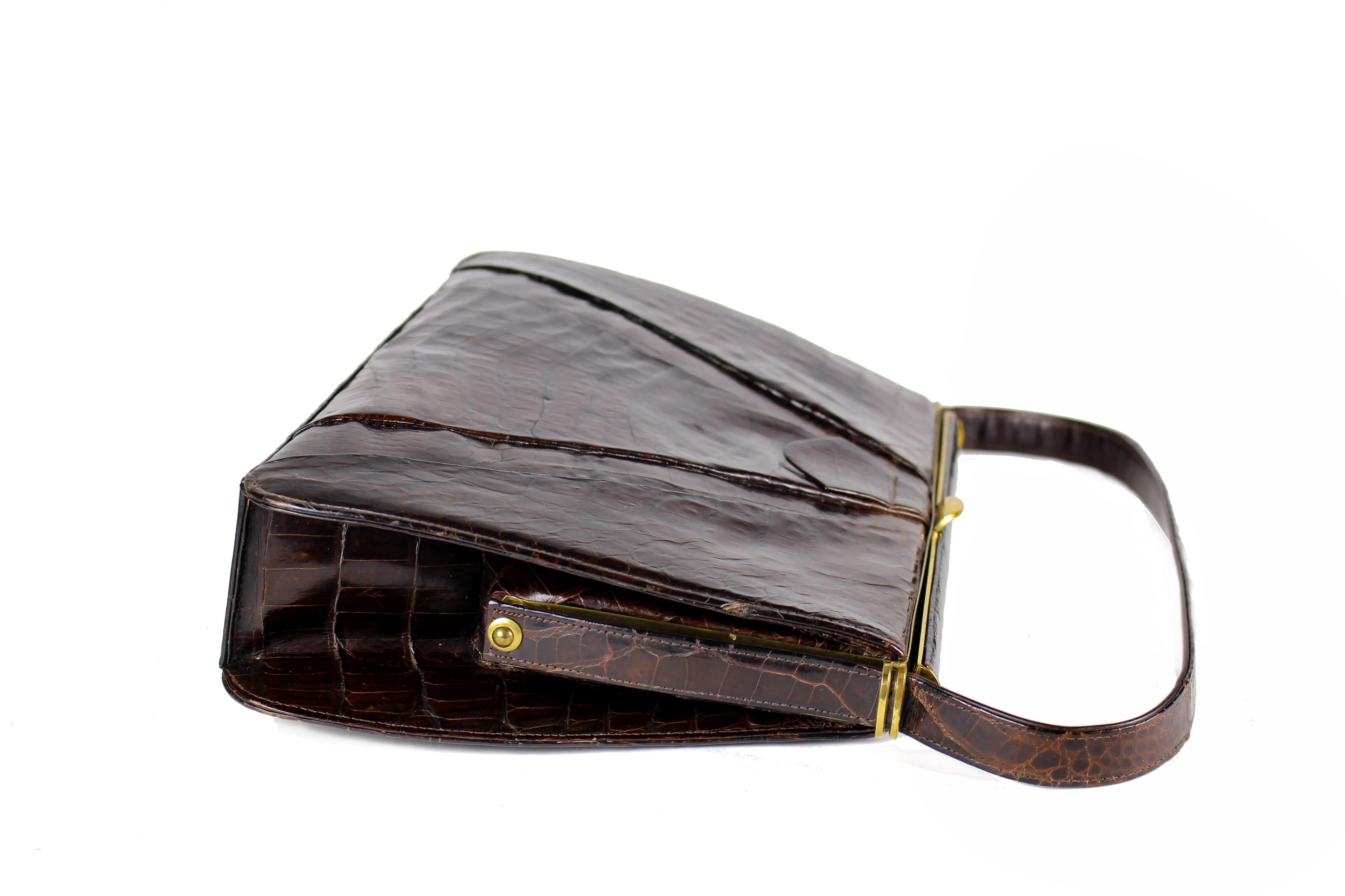 DEITSCH brown chocolate crocodile skin frame handbag