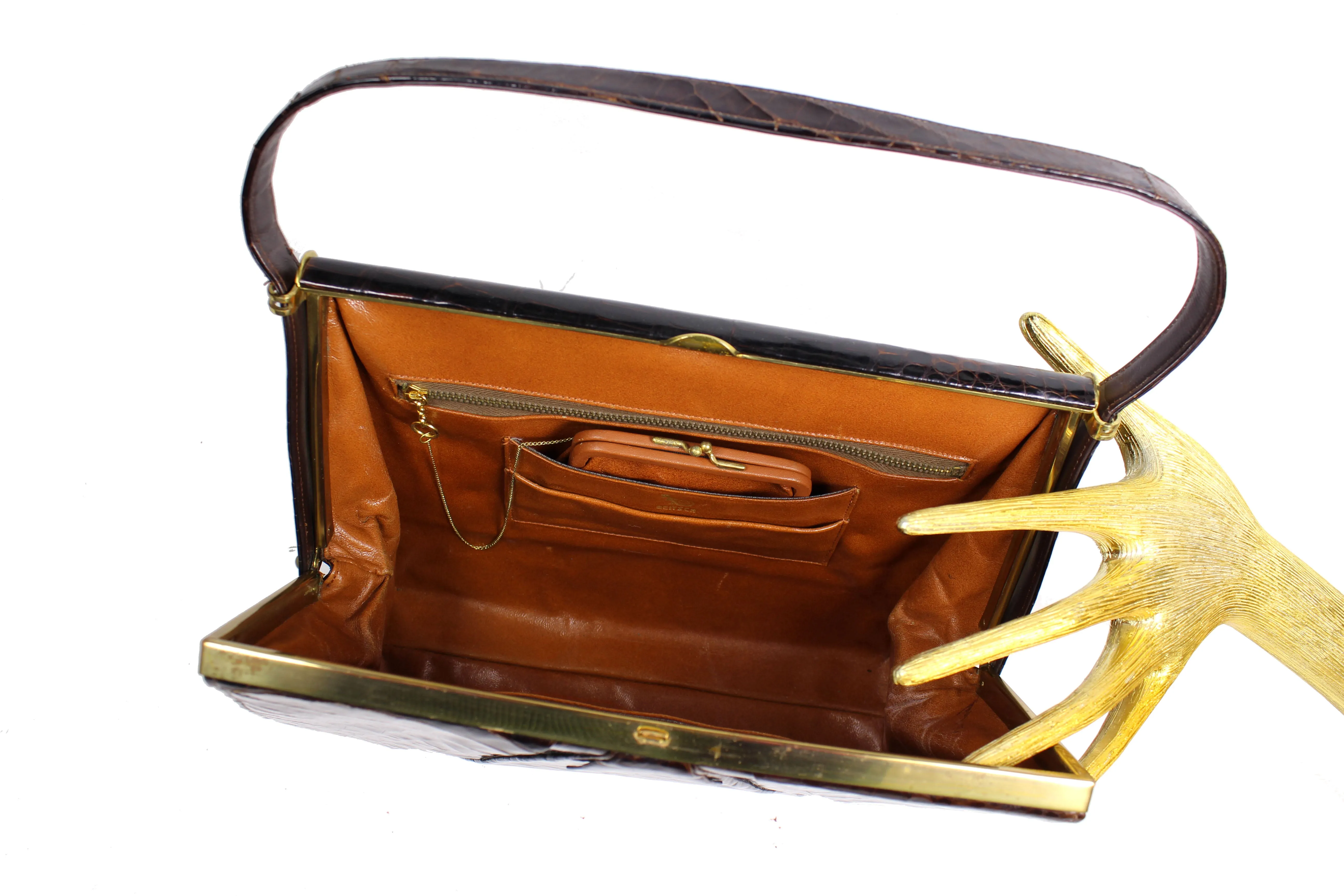 DEITSCH brown chocolate crocodile skin frame handbag