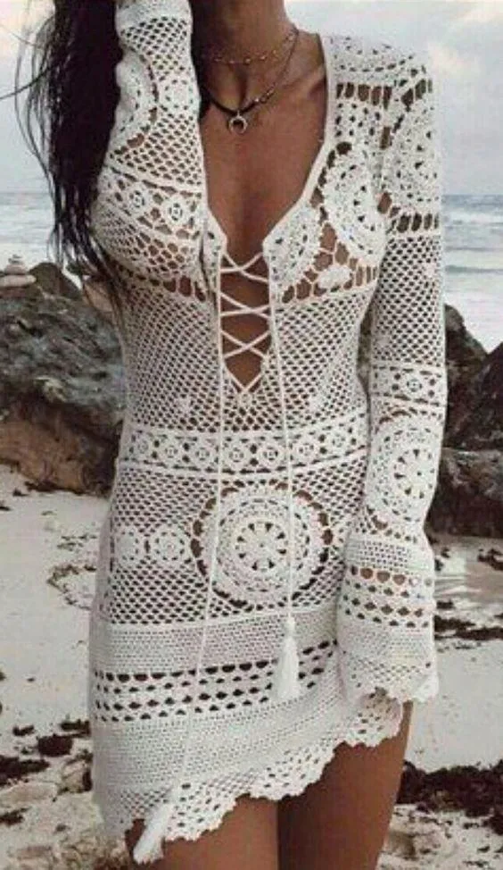 Desert Rose Dress White Crochet Lace Up Front Boho Mini Long Sleeve Mandalas Scallops Festival Fox One Size