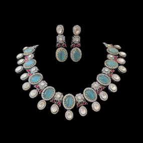 DNS82 Victorian fusion necklace set - turquoise  with ruby ( READY TO SHIP )