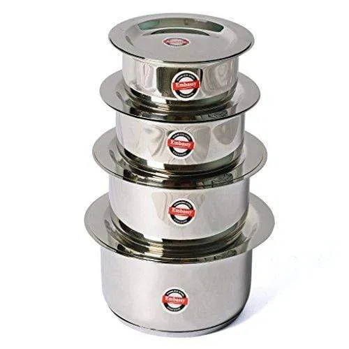 Embassy Sandwich Bottom Topes with Lid, Set of 4 (Sizes 11-14) - 1250, 1750, 2200 & 2750 ml (Stainless Steel)