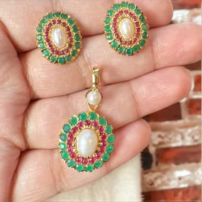 Gold plated jadau silver pendant set in ruby emeralds   ( READY TO SHIP )