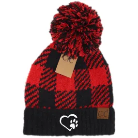 Heart Paw Buffalo Print Jacquard Knit Pom Beanie