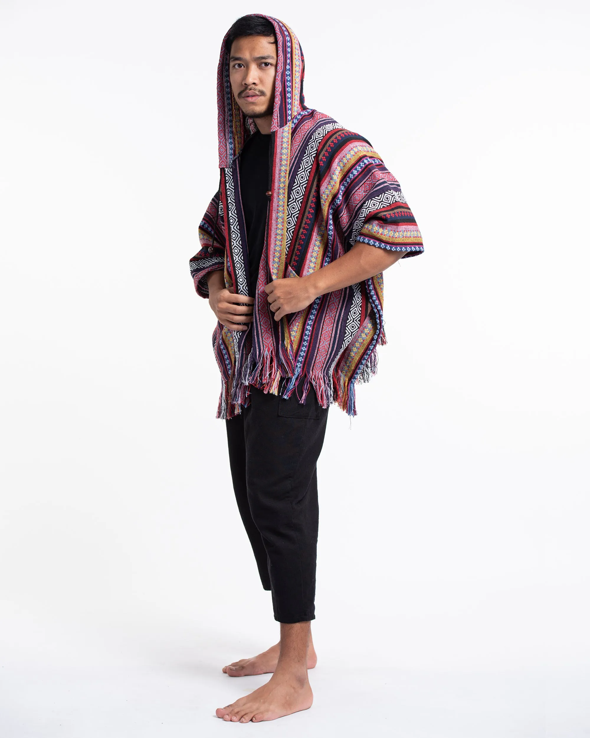 Hill Tribe Cotton Hooded Poncho Jacket in Red Pink