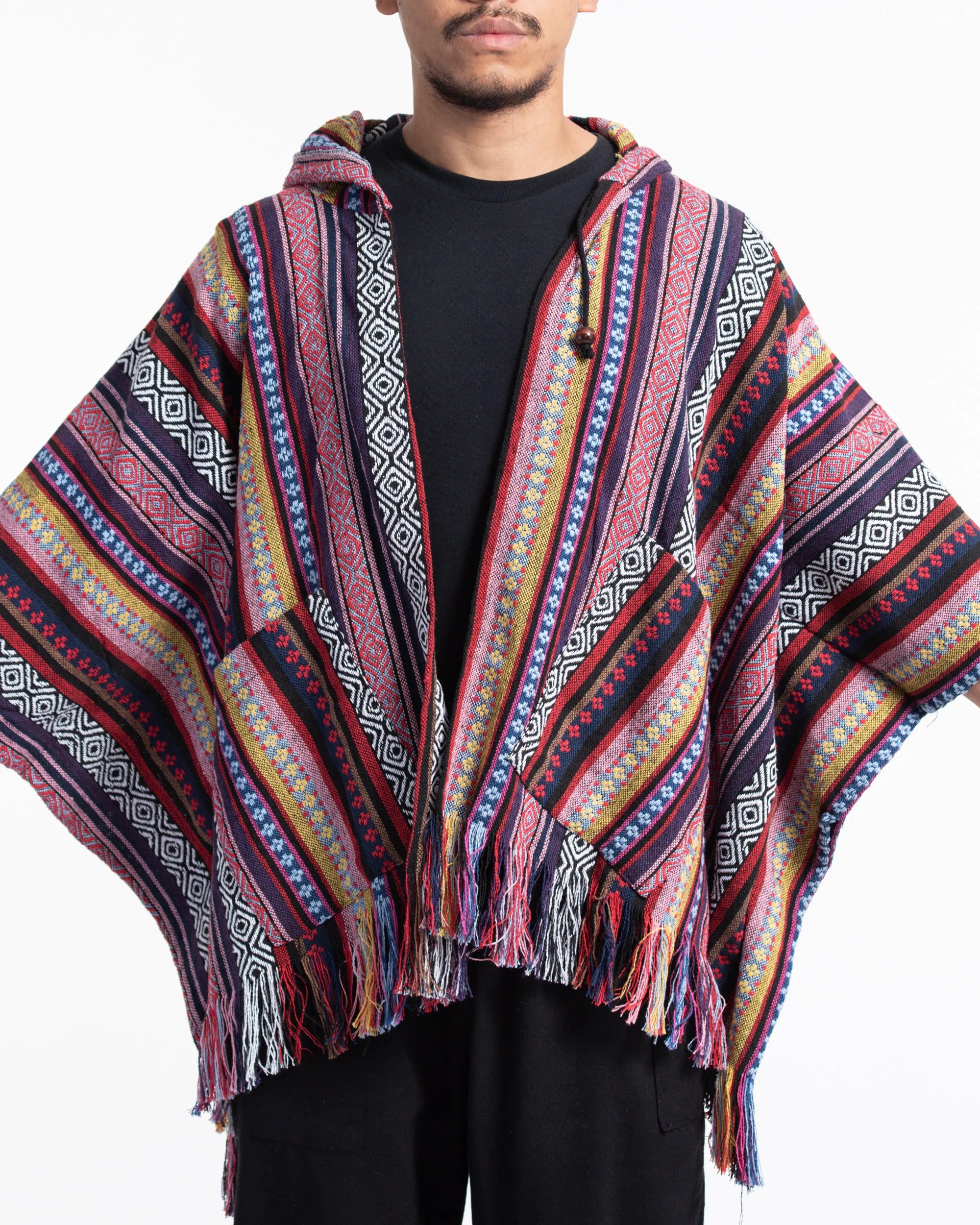 Hill Tribe Cotton Hooded Poncho Jacket in Red Pink