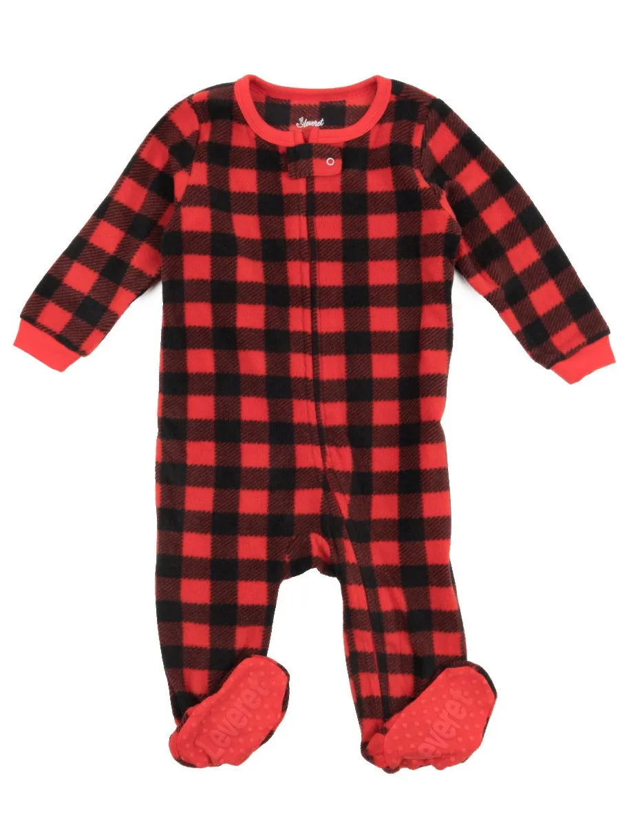 Kid's Fleece Red & Black Plaid Footed Pajamas