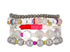 {KIRBY} Erimish White, Silver   Rainbow Beads Stack {Set of 5 Bracelets}