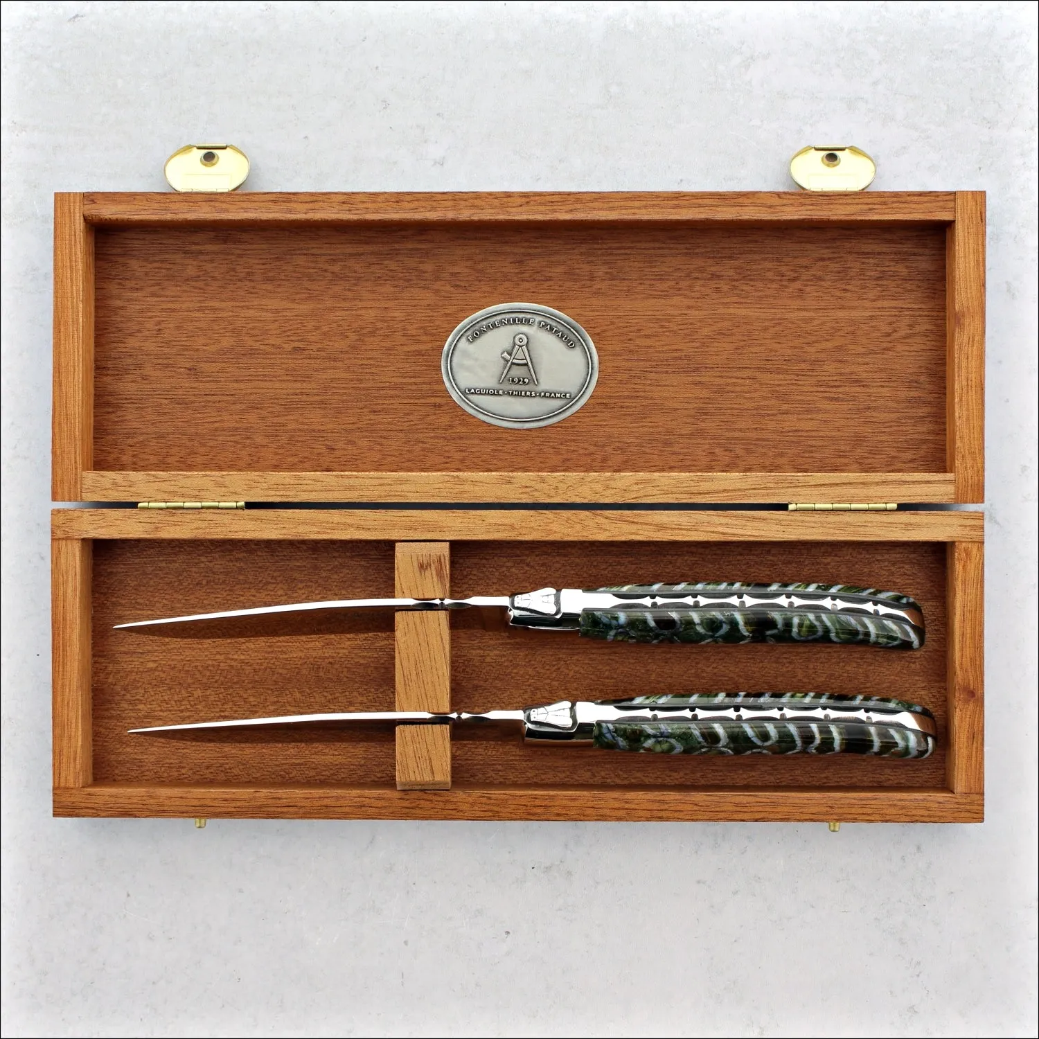 Laguiole Forged Steak Knives Fossilized Woolly Mammoth Tooth - Set of 2 - Emerald