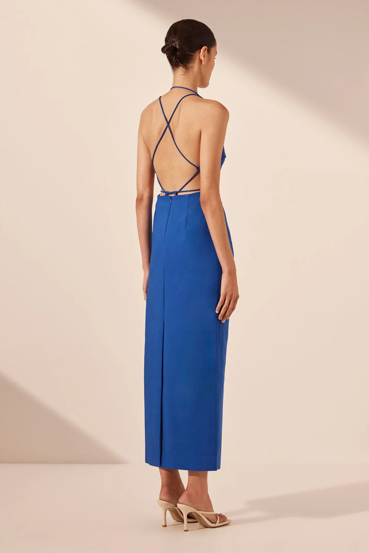 LANI DRAPED CROSS BACK MIDI DRESS - AZURE