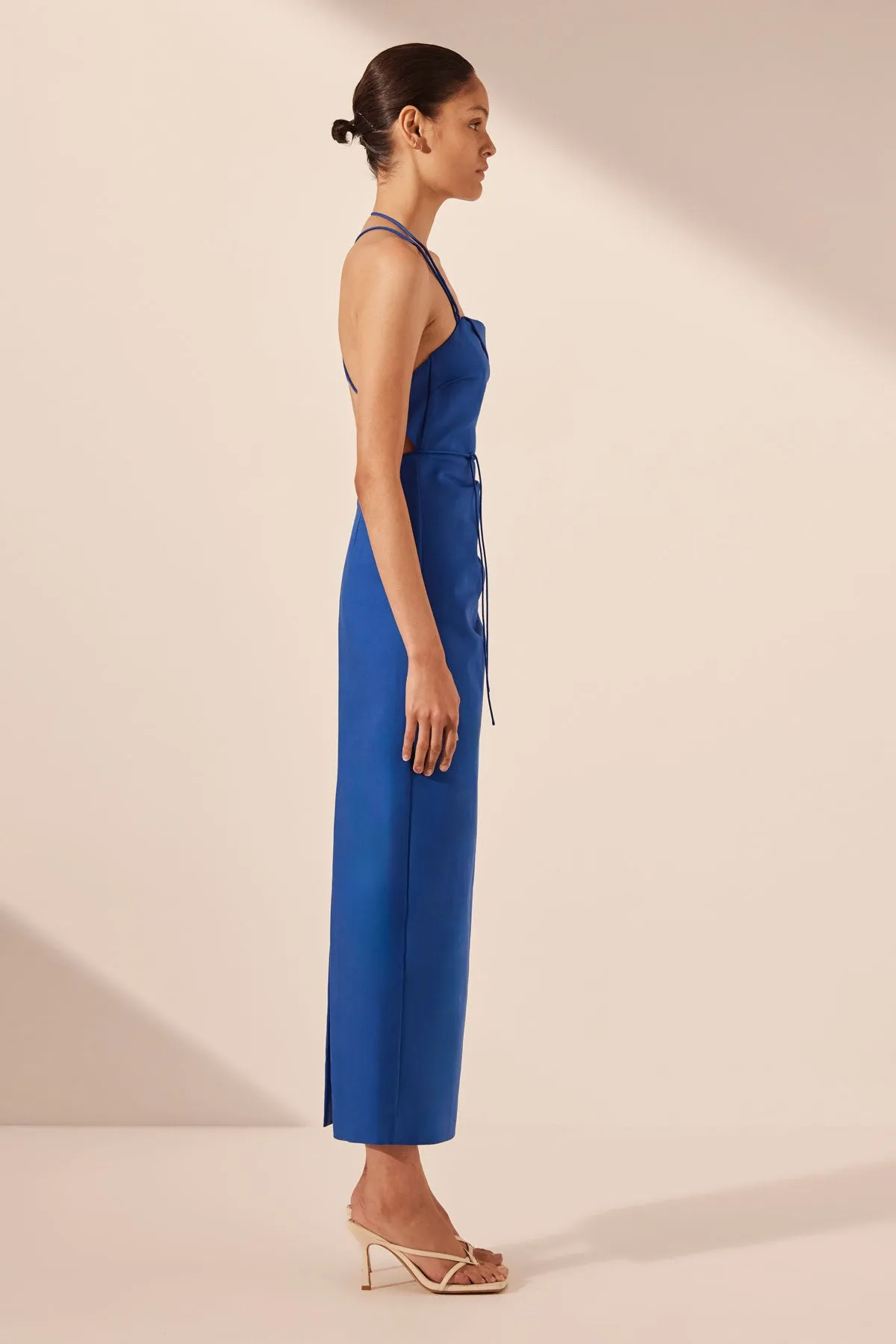 LANI DRAPED CROSS BACK MIDI DRESS - AZURE